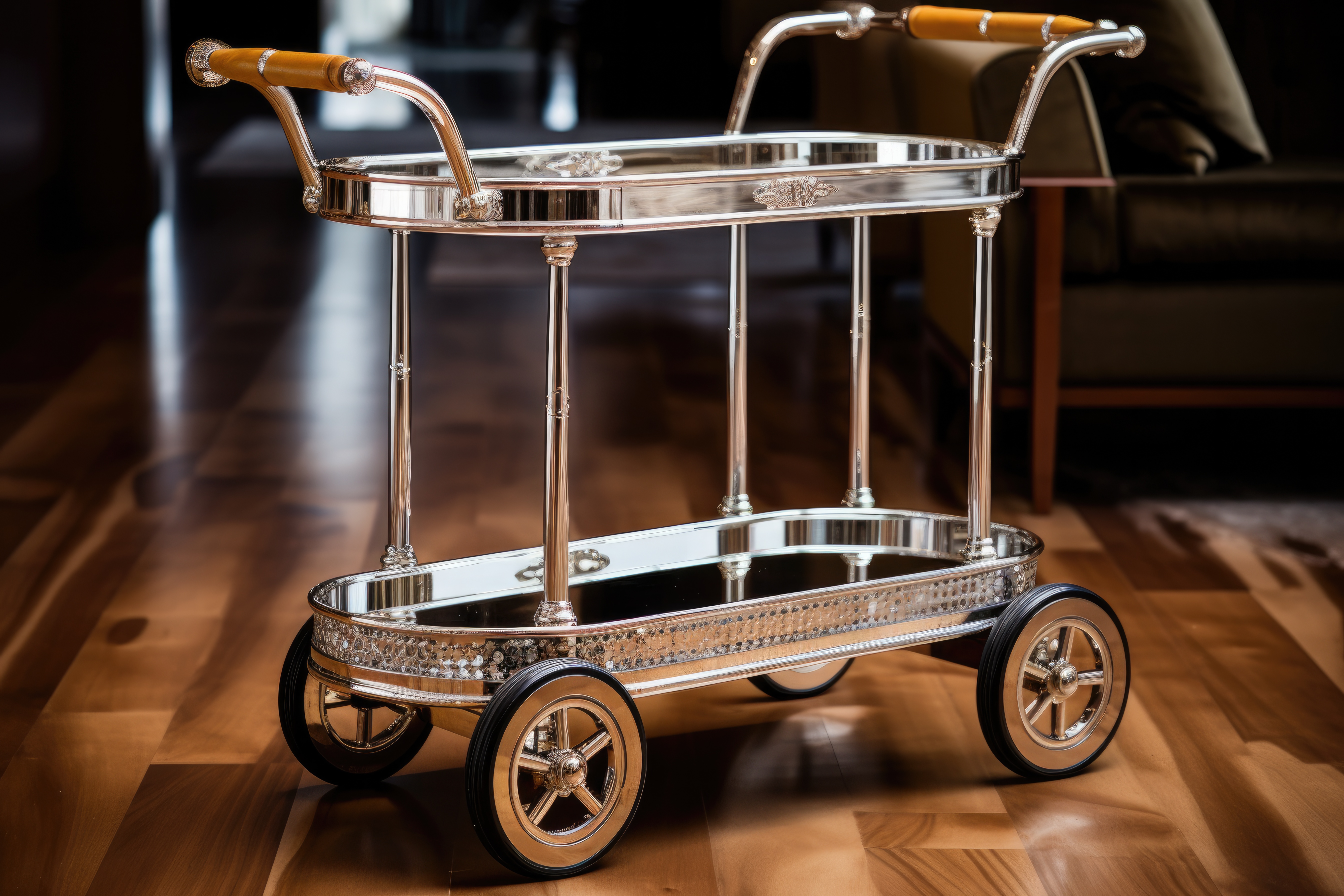 close-up-metallic-food-trolley